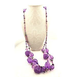 Chunky Purple Bead Necklace Multi Strand Statement Mixed Lucite Glass 32 in.